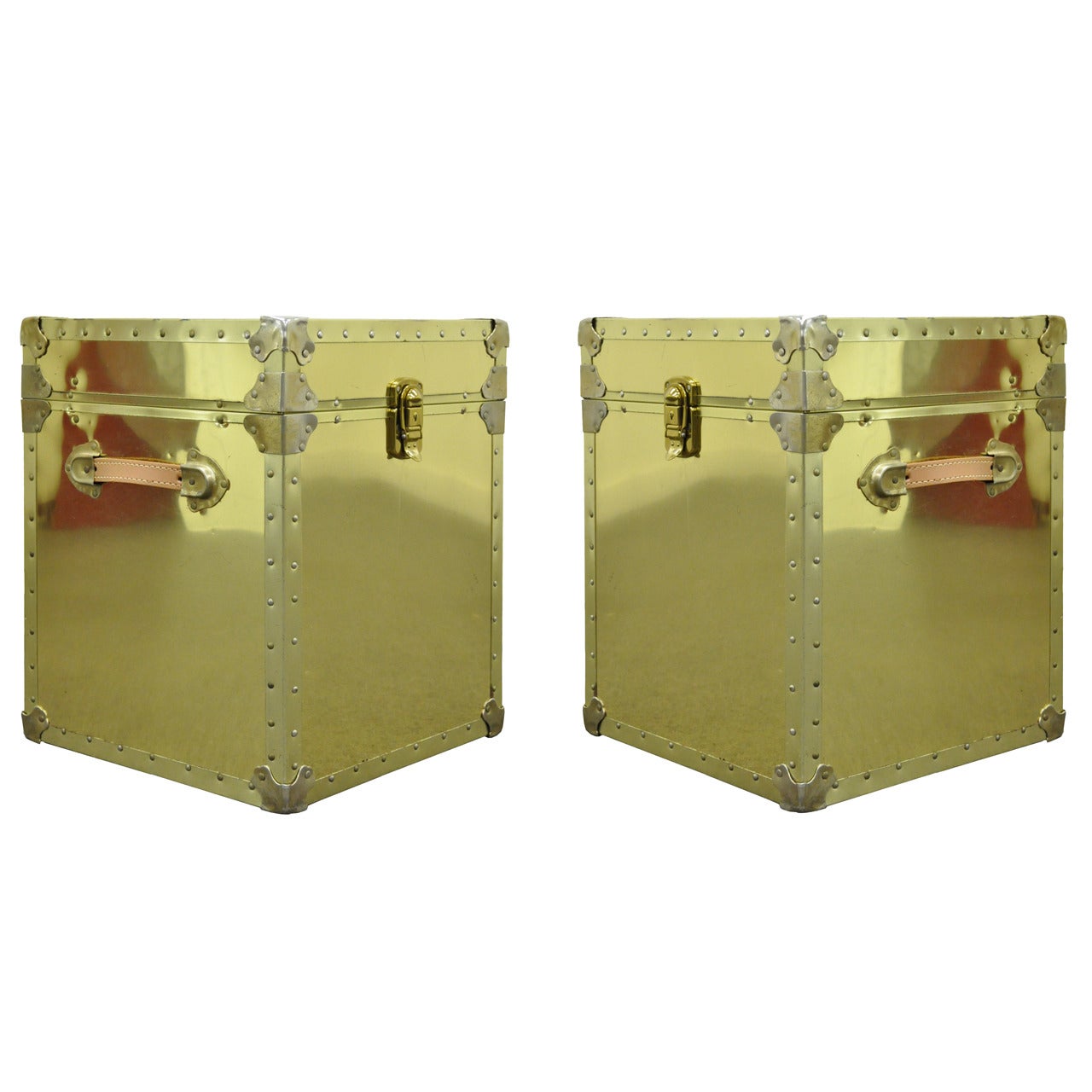 Pair of Hollywood Regency Brass Clad Trunks Chest Side Tables by Luggage Gallery