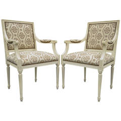Pair of French Louis XVI Style Distress Painted Fauteuils or Armchairs