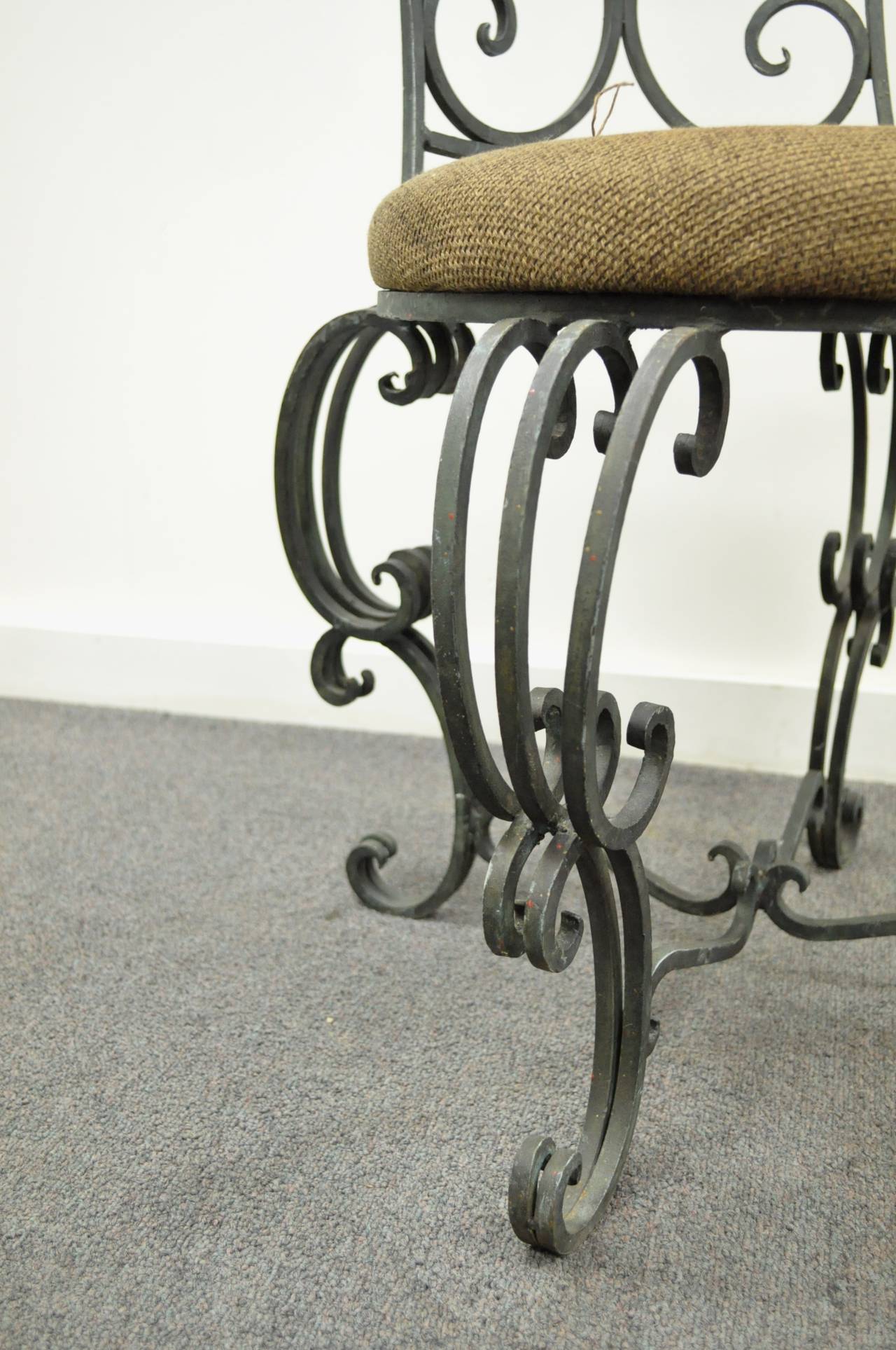 British Antique French Art Nouveau Style Hand Forged Scrolling Wrought Iron Side Chair For Sale