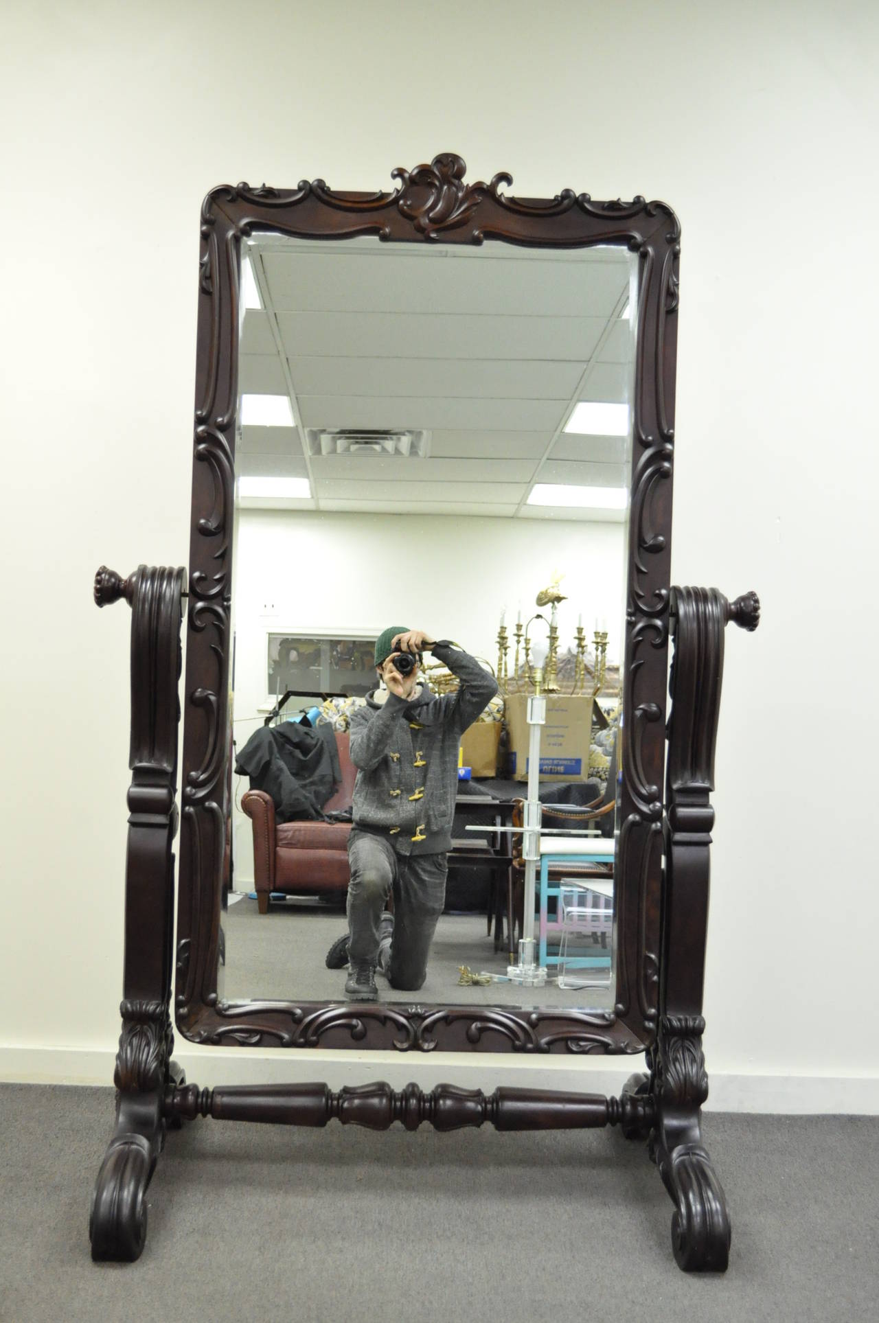 20th Century Carved Mahogany French Rococo Style Cheval or Dressing Mirror For Sale at 1stdibs