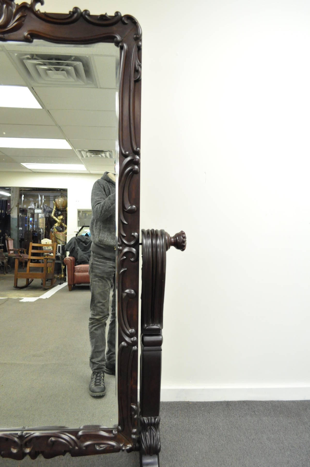 20th Century Cheval or Tall Dressing Mirror Carved Mahogany French Rococo Style In Good Condition In Philadelphia, PA
