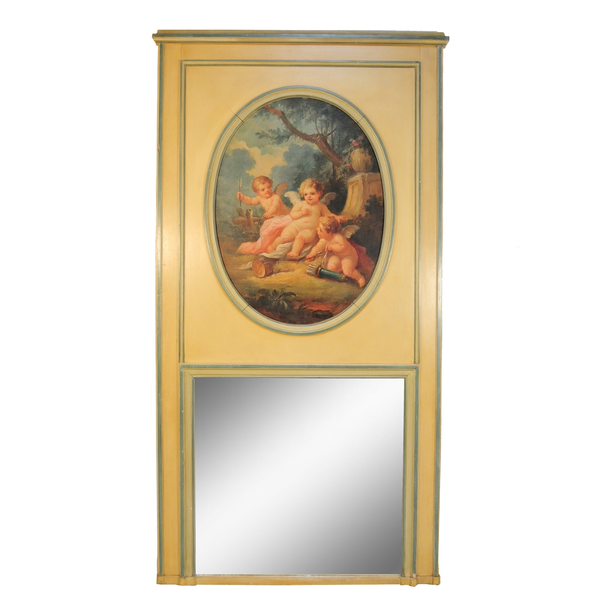 Large 19th C Painted French Louis XVI Style 82" Trumeau Mirror Depicting Cherubs