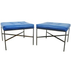 Pair Paul McCobb attr Blue Tufted Brushed Metal Ottomans / Stools - Brass Finish