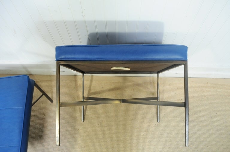 Pair Paul McCobb attr Blue Tufted Brushed Metal Ottomans / Stools - Brass Finish