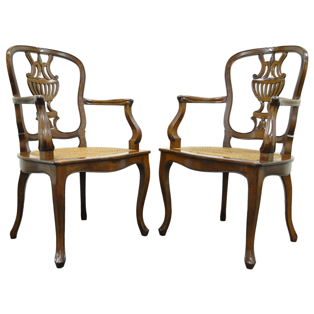 Pair of Hand-Carved Italian Venetian Cane Seat Arm Chairs in the French Taste For Sale