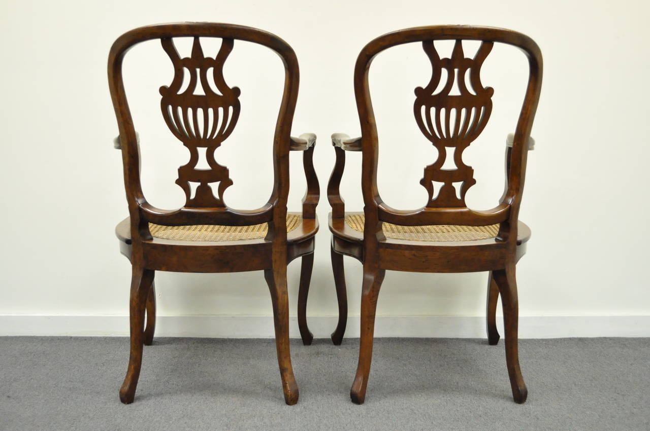 Pair of Hand-Carved Italian Venetian Cane Seat Arm Chairs in the French Taste For Sale 4