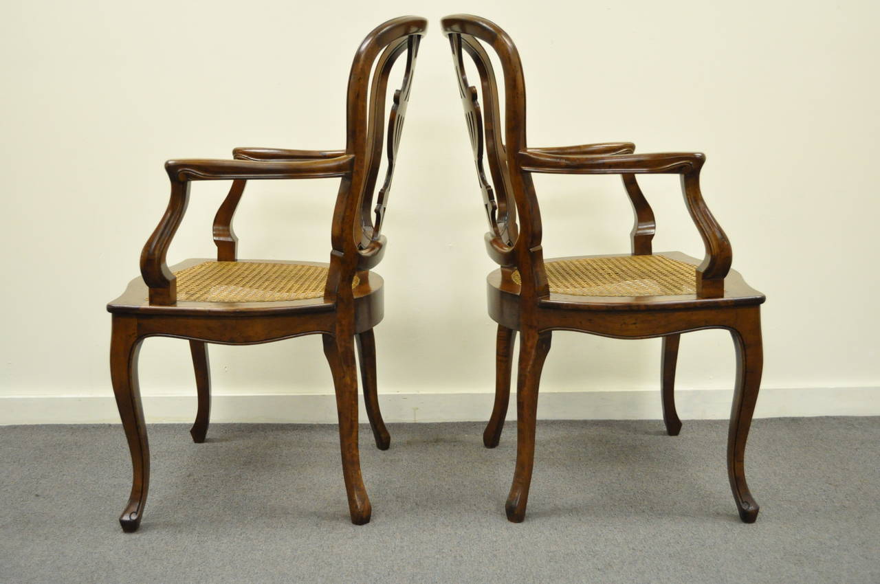 Pair of Hand-Carved Italian Venetian Cane Seat Arm Chairs in the French Taste For Sale 3