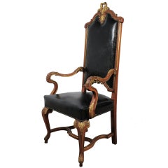 Distressed Leather French Louis XV Style Carved and Gold Gilt Arm Chair