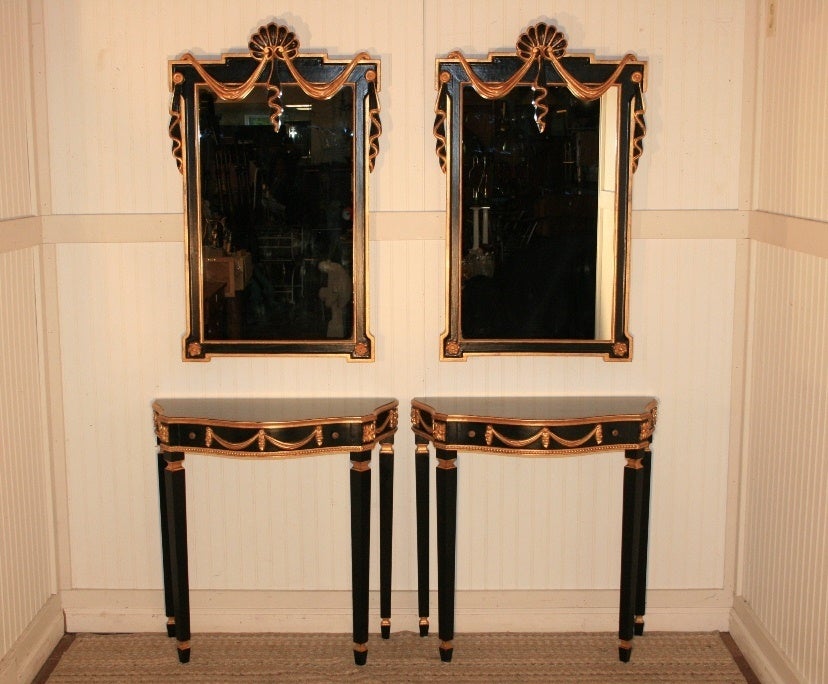 Pair of Neoclassical Style Consoles with Drape Shell-Carved Mirrors 1