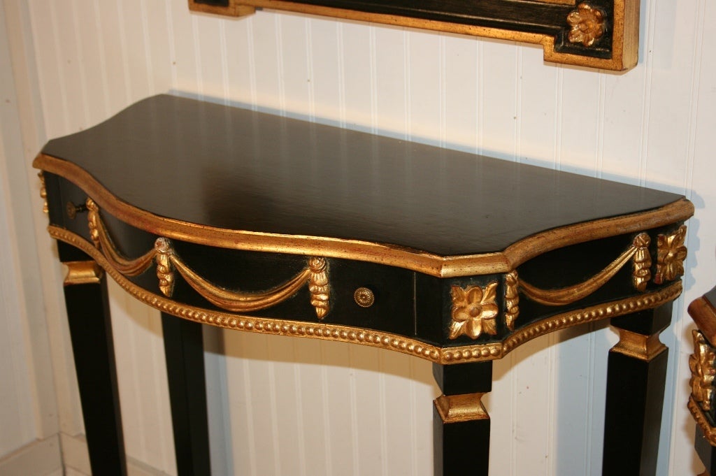 Pair of Neoclassical Style Consoles with Drape Shell-Carved Mirrors In Good Condition In Philadelphia, PA