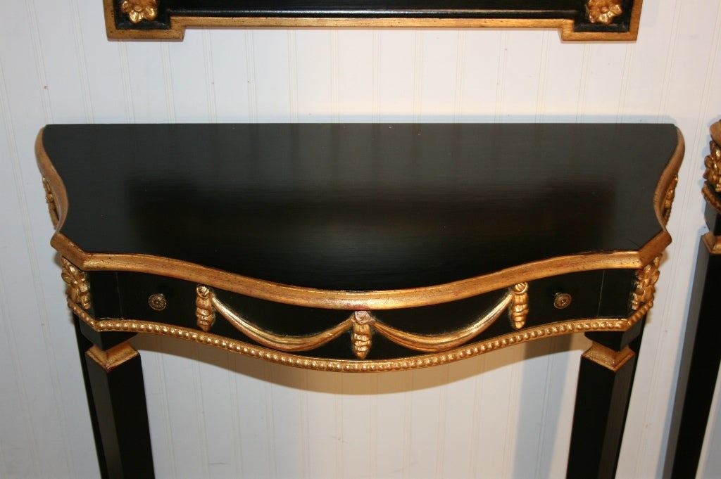 Late 20th Century Pair of Neoclassical Style Consoles with Drape Shell-Carved Mirrors