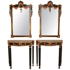 Pair of Neoclassical Style Consoles with Drape Shell-Carved Mirrors
