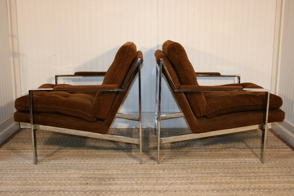 Pair of Milo Baughman for Thayer Coggin Chrome Flat Bar Lounge Chairs 6