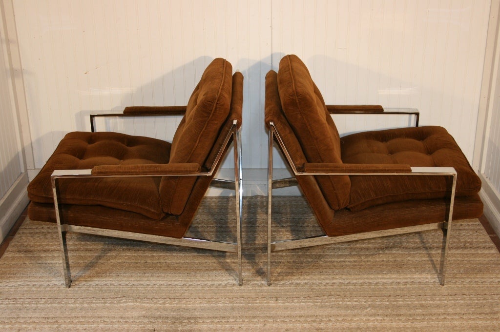 Pair of Vintage Mid Century Modern Chrome and Tufted Flat Bar Lounge Chairs with A-Frame design by Milo Baughman for Thayer Coggin. These amazing chairs feature polished chrome joinery, original chocolate brown corduroy-like tufted fabric,
