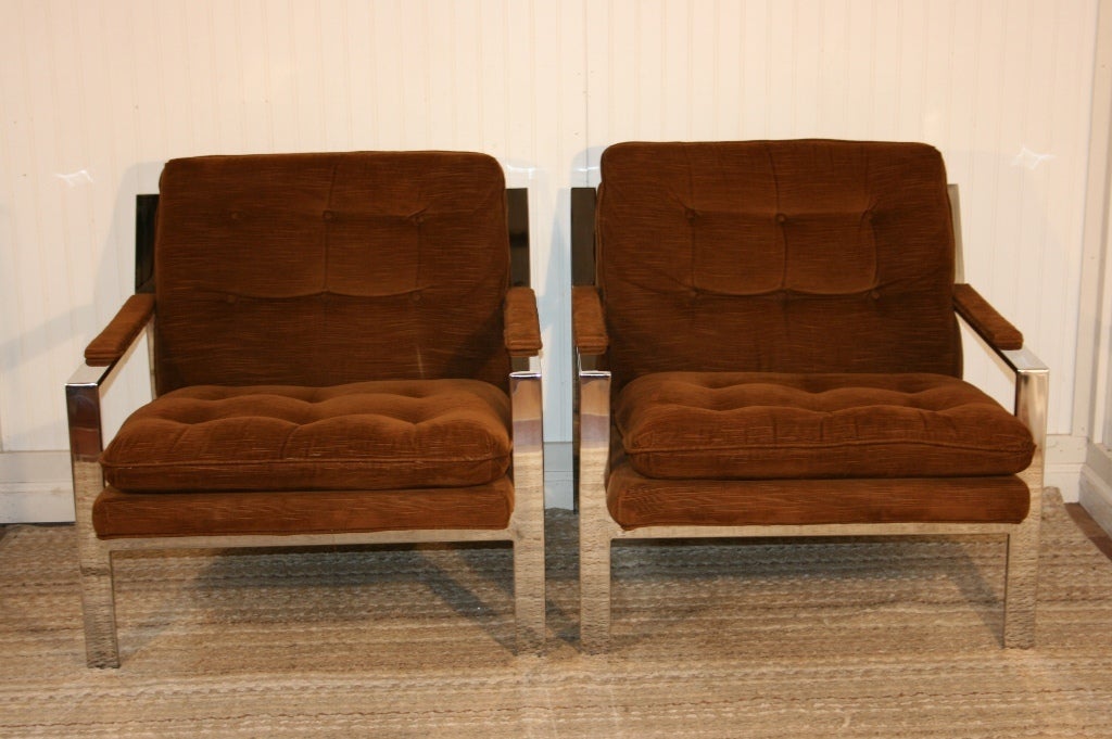 American Pair of Milo Baughman for Thayer Coggin Chrome Flat Bar Lounge Chairs