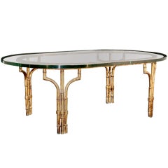 Italian Gilt Metal Faux Bamboo Oval Cocktail Table w/ 1" Glass