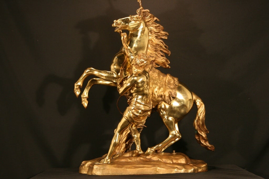 Large French Gilt Bronze Marly Horse Figural Table Lamp Statue Signed Coustou 4