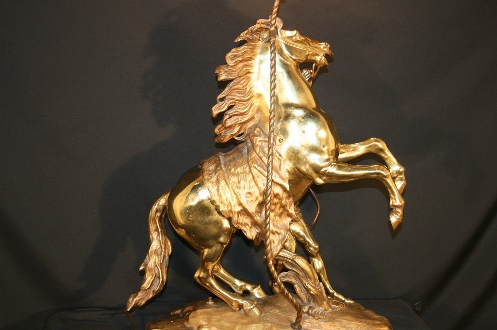 20th Century Large French Gilt Bronze Marly Horse Figural Table Lamp Statue Signed Coustou