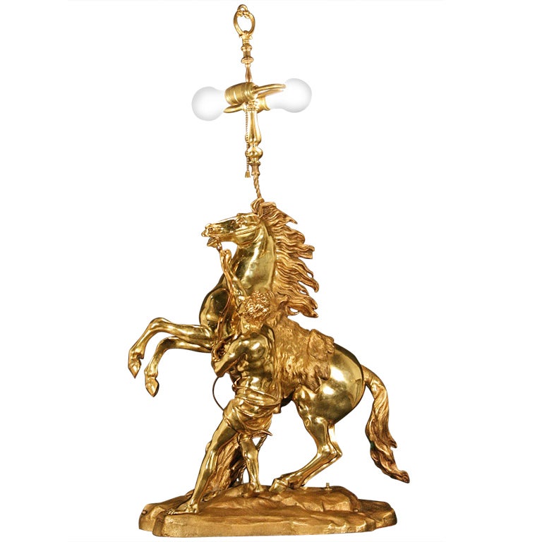 Large French Gilt Bronze Marly Horse Figural Table Lamp Statue Signed Coustou