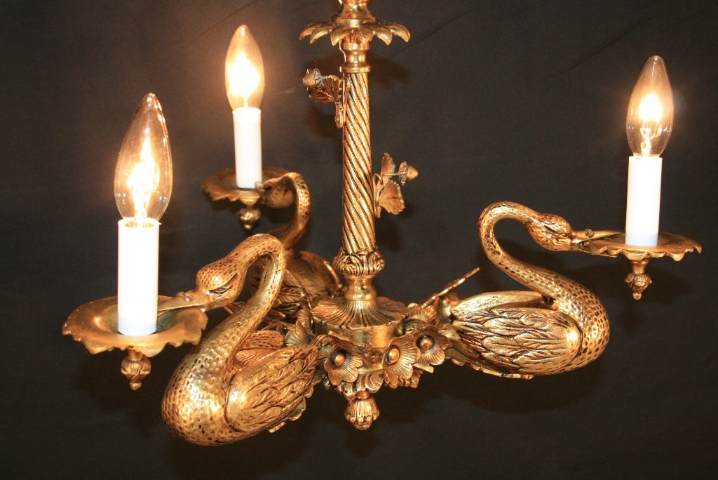 Petite French Empire Style Solid Brass Full Swans Chandelier 6