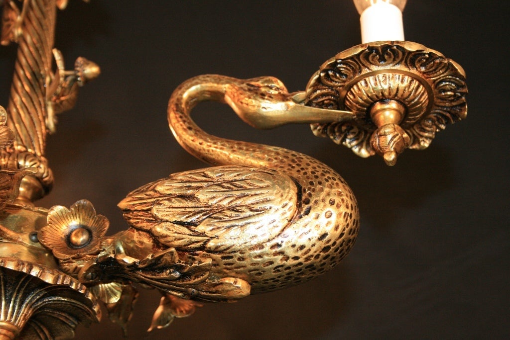 Petite French Empire Style Solid Brass Full Swans Chandelier 4