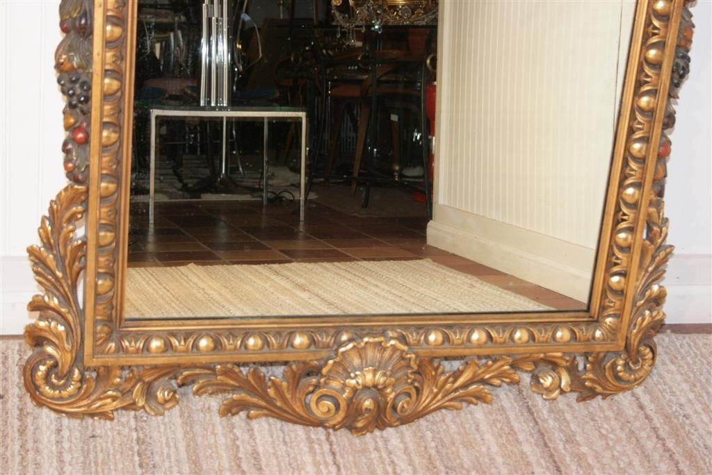 19th Century 19th C Hand Carved Gold Baroque Giltwood Mirror w/ Painted Fruit For Sale