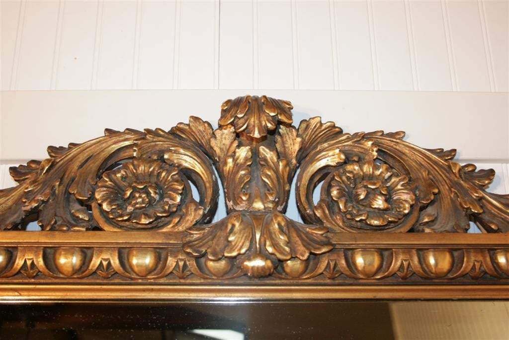 Wood 19th C Hand Carved Gold Baroque Giltwood Mirror w/ Painted Fruit For Sale