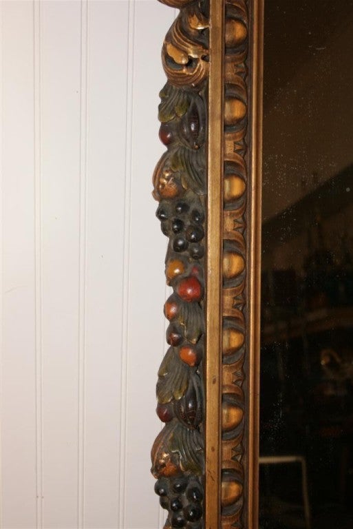 19th C Hand Carved Gold Baroque Giltwood Mirror w/ Painted Fruit For Sale 2