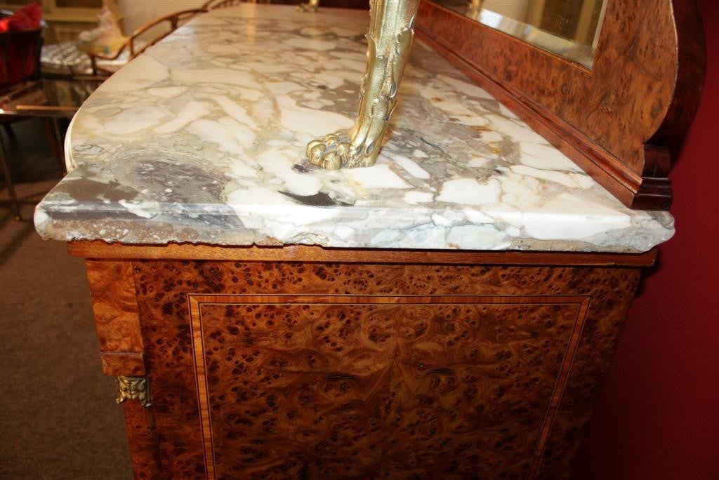 French Marble Top Burl Wood Sideboard w/ Bronze Swans-L. Lasserre 5
