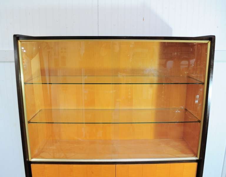 Vintage German Art Deco Burl Wood & Brass China Cabinet