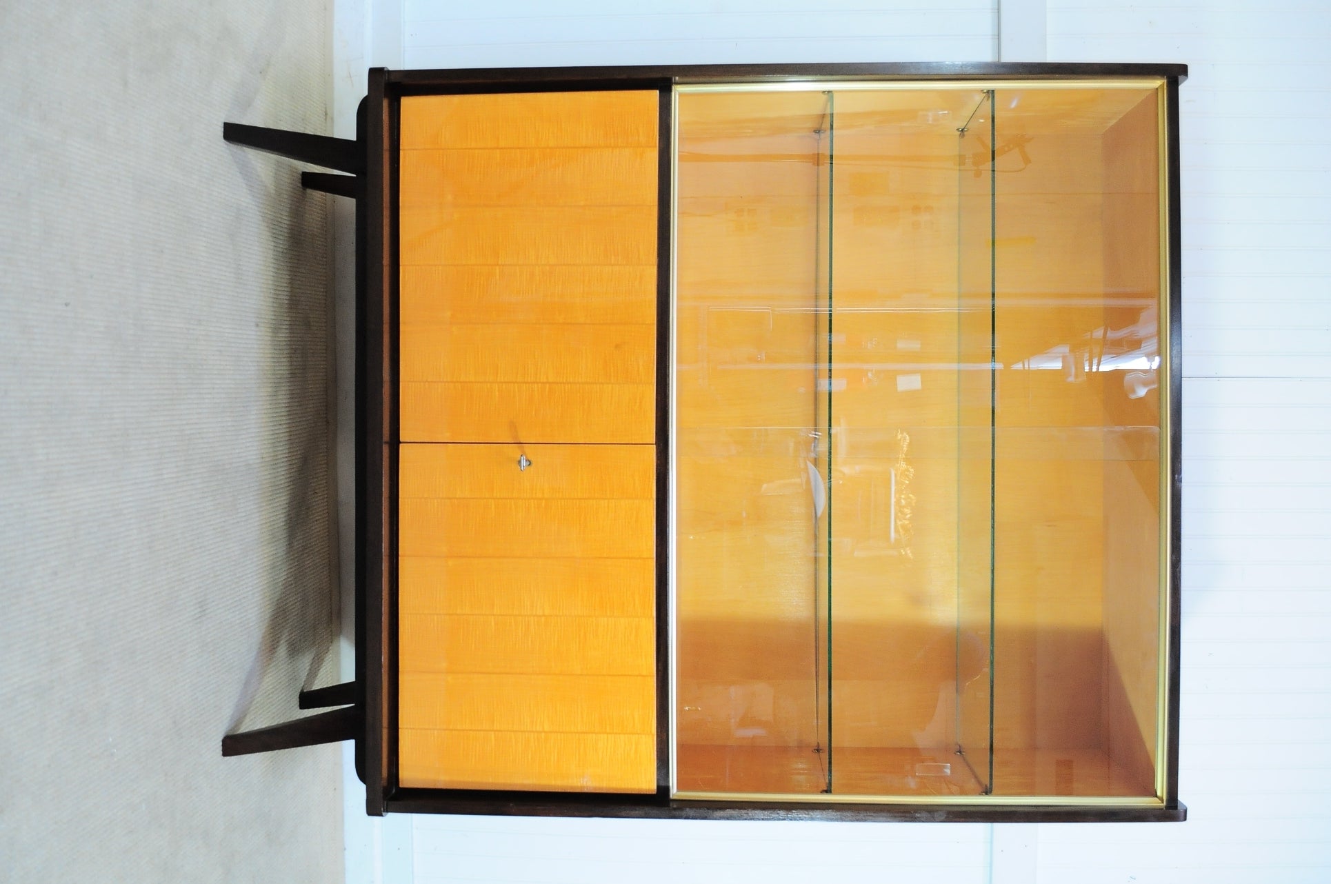 Vintage German Art Deco Burl Wood 
Brass China Cabinet