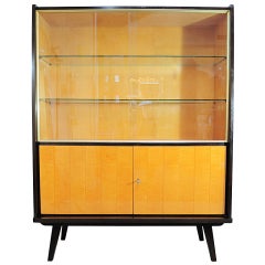 Retro German Art Deco Burl Wood & Brass China Cabinet