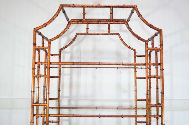 Stunning Chinese Chippendale / Hollywood Regency Faux Bamboo Pagoda Top Etagere with 5 Glass Shelves in the very hard to find oil drop finish. This gilt metal etagere features a lovely pagoda top, original antiqued oil drop finish, and classic