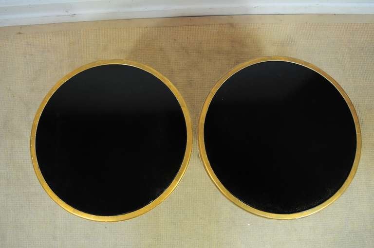 20th Century Pair French Regency Style Black Glass End Tables w Hoof Feet After Maison Jansen For Sale