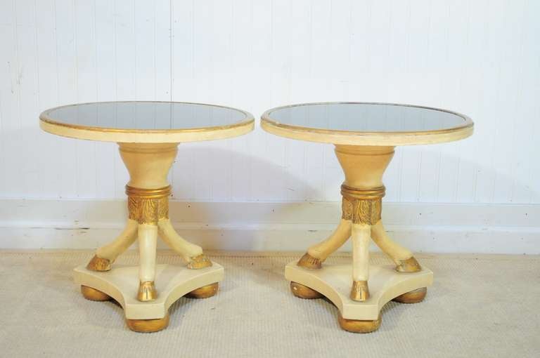 Pair French Regency Style Black Glass End Tables w Hoof Feet After Maison Jansen For Sale 4