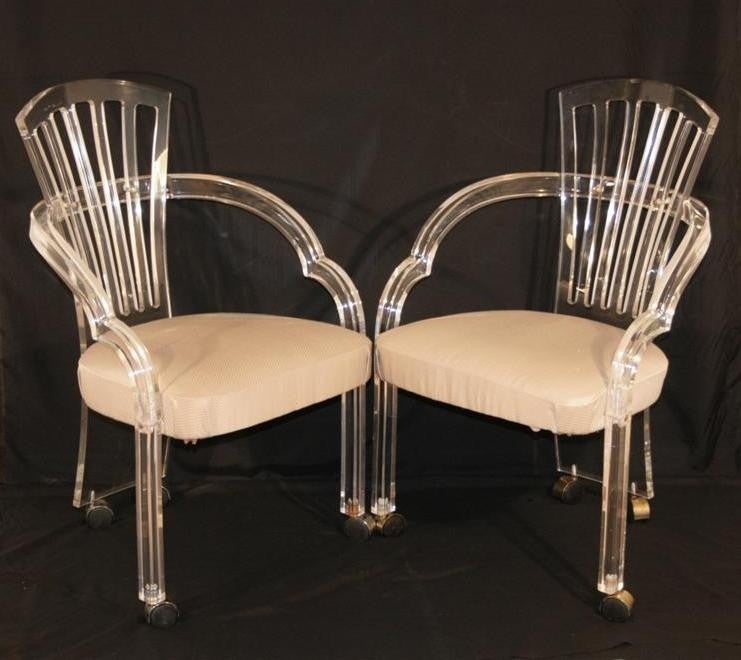 Late 20th Century Pair of Sculptural Lucite Dining Chairs Armchairs by Hill Mfg. on Casters For Sale
