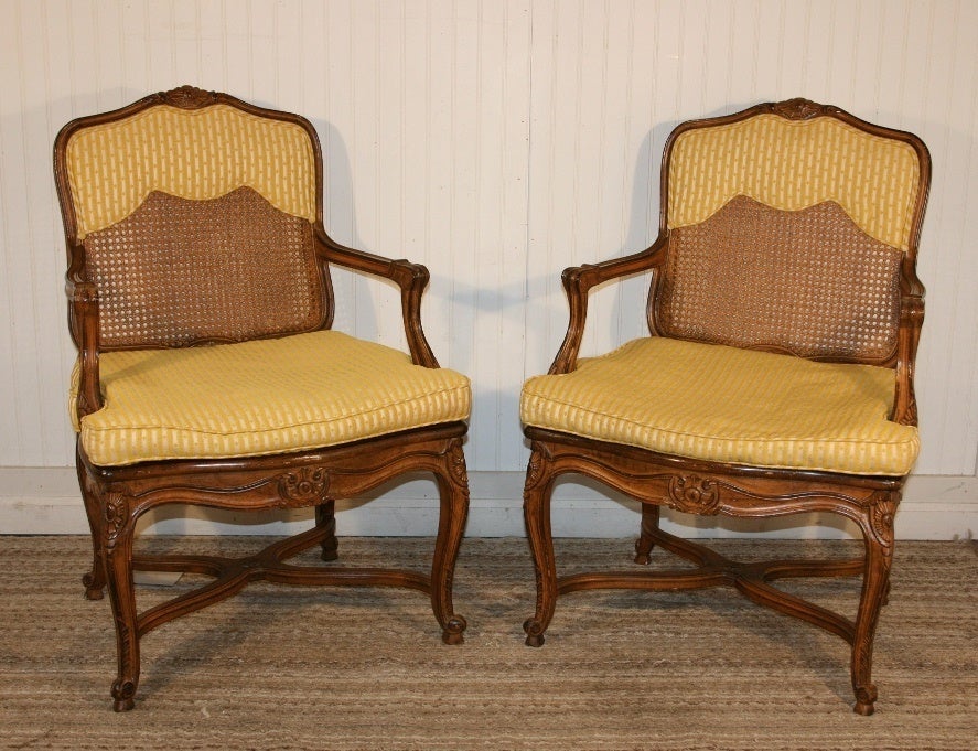Pair Louis XV Style Stretcher Base Shell Carved Arm Chairs 6