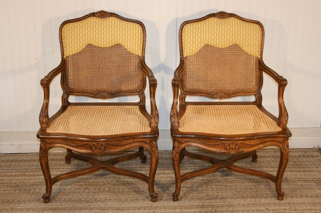 Pair Louis XV Style Stretcher Base Shell Carved Arm Chairs 2