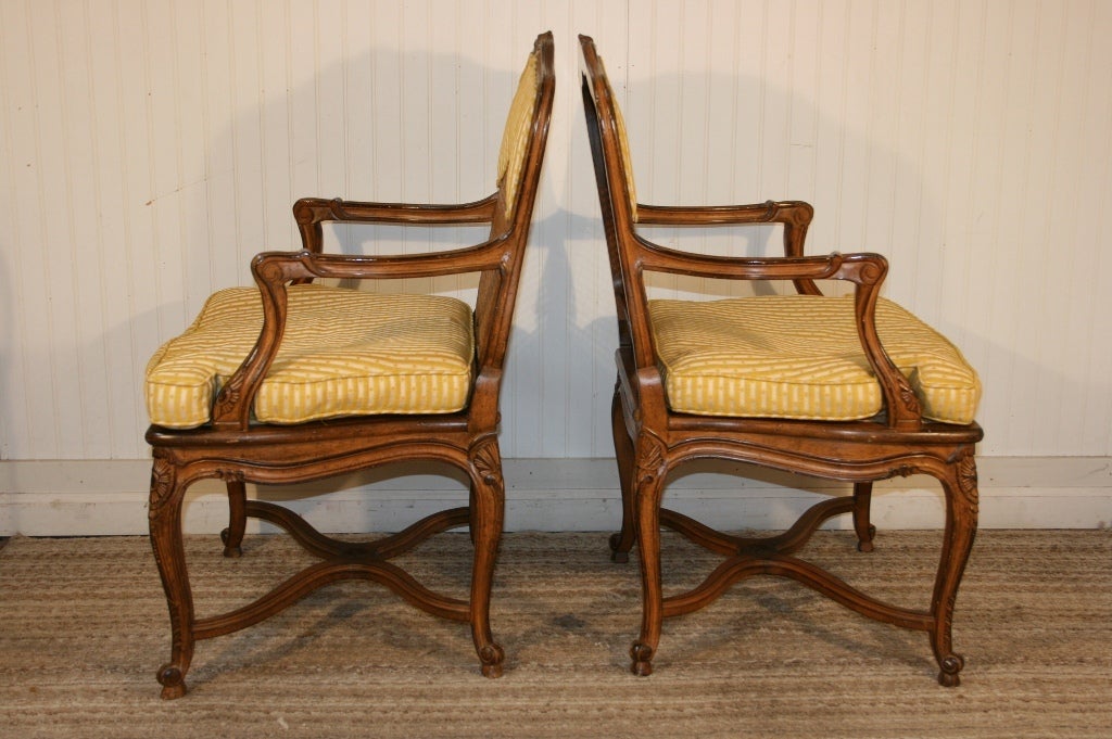 Pair Louis XV Style Stretcher Base Shell Carved Arm Chairs 4