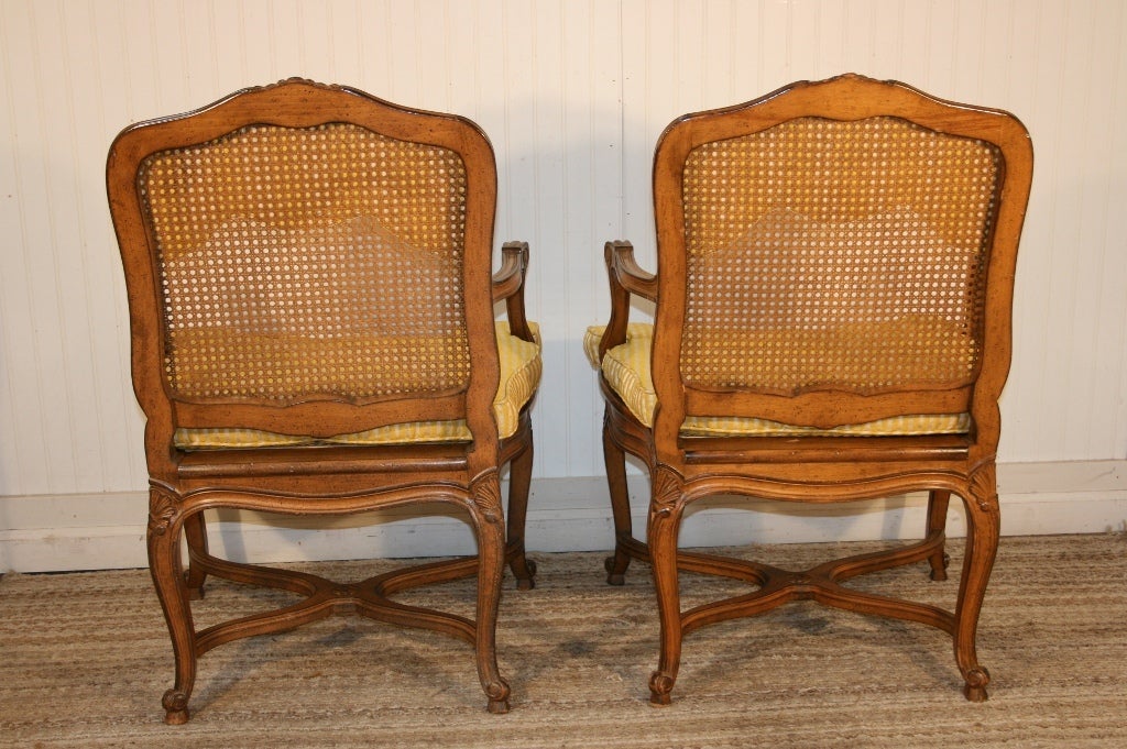 Pair Louis XV Style Stretcher Base Shell Carved Arm Chairs 5