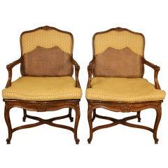 Pair Louis XV Style Stretcher Base Shell Carved Arm Chairs