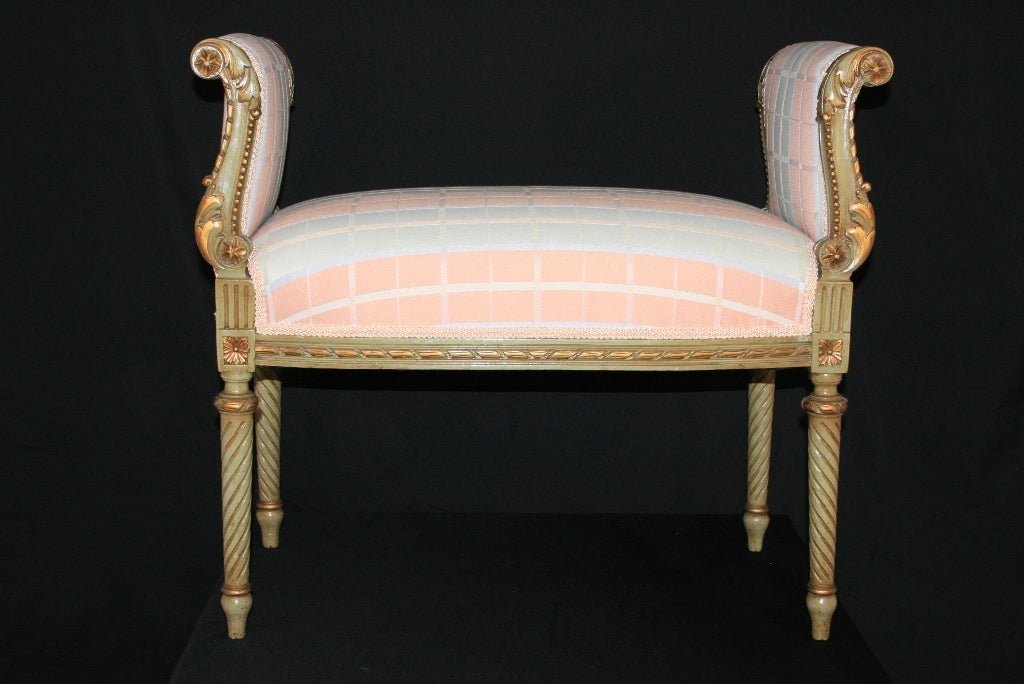 1920's French Green & Gold Gilt Paint Decorated Carved Bench 6