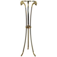 Italian Regency Style Steel & Brass Figural Rams Head Pedestal Plant Stand Table
