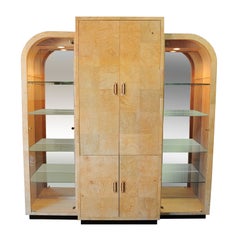 Retro Milo Baughman Style Henredon Scene Two Burl Wood Bar Display Cabinet Wall Unit