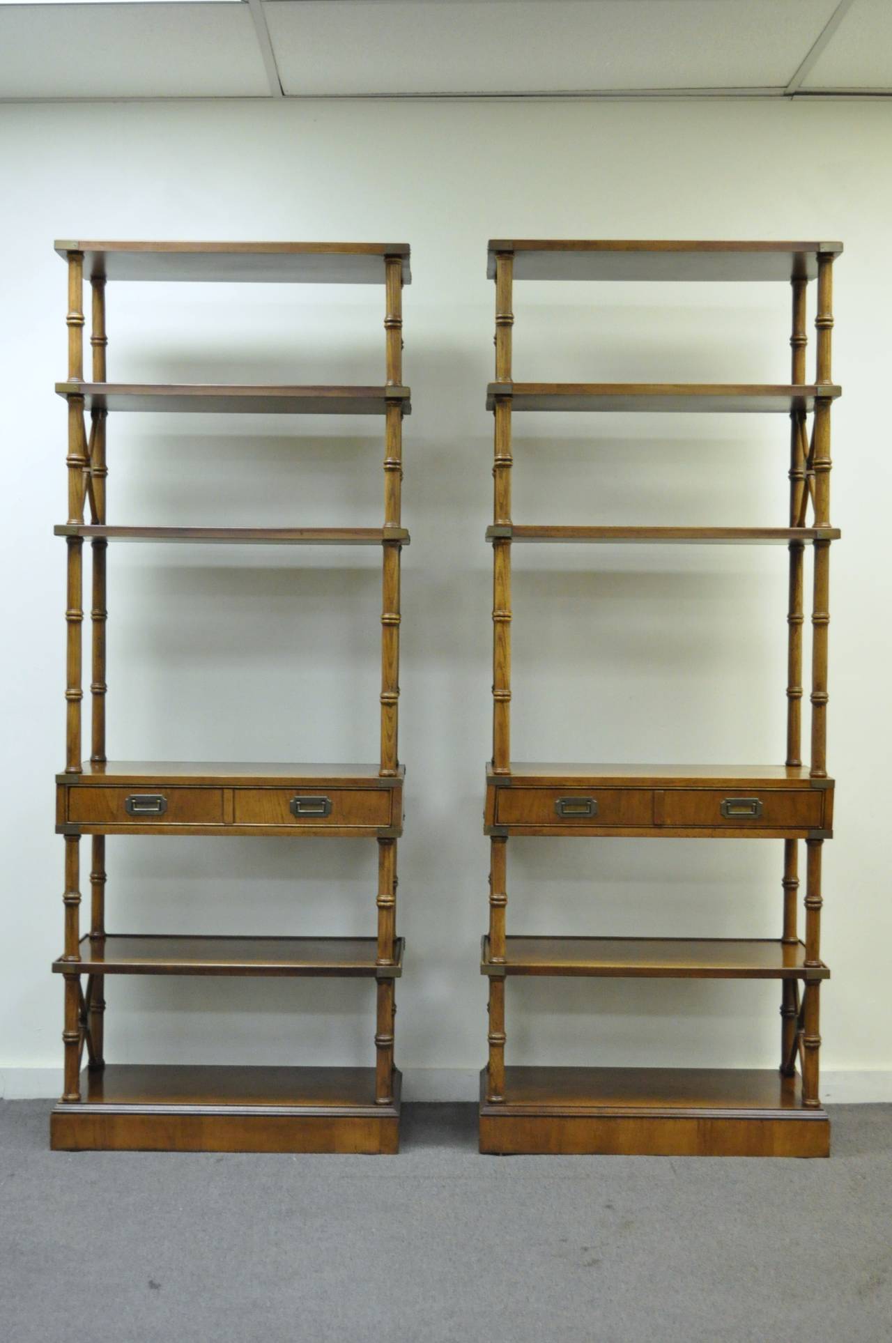 Wood Pair of Hollywood Regency Faux Bamboo Campaign Style Etageres or Bookcases