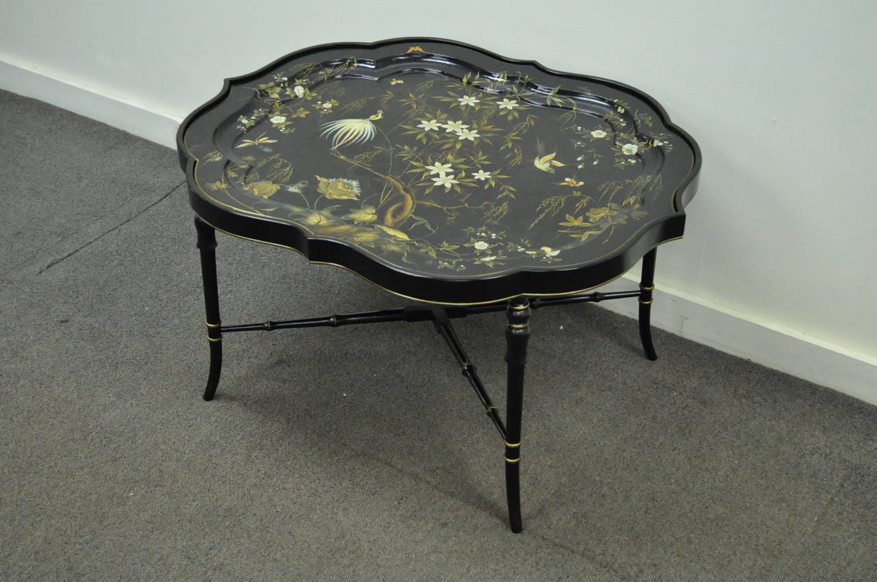 19th Century English Scalloped Papier Mâché Hand-Painted Tole Tray Faux Bamboo Table Stand