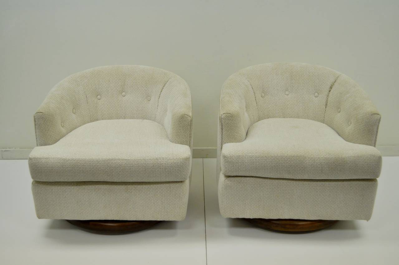 Pair of Walnut Base Swivel Barrel Back Club or Lounge Chairs after Milo Baughman 4