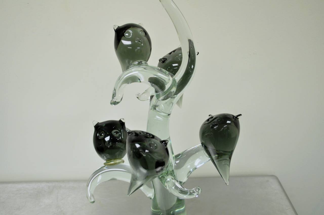 Beautiful Vintage, Italian Mid Century Modern, Blown Art Glass Sculpture of four perched owls on a tree attributed to Murano for the Salviati Company (unsigned).