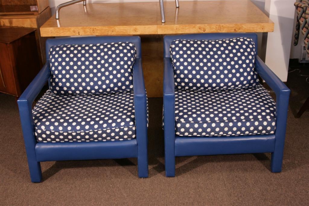 American Fun 1970s Original Blue Upholstered Polka Dot Cube Club Chairs