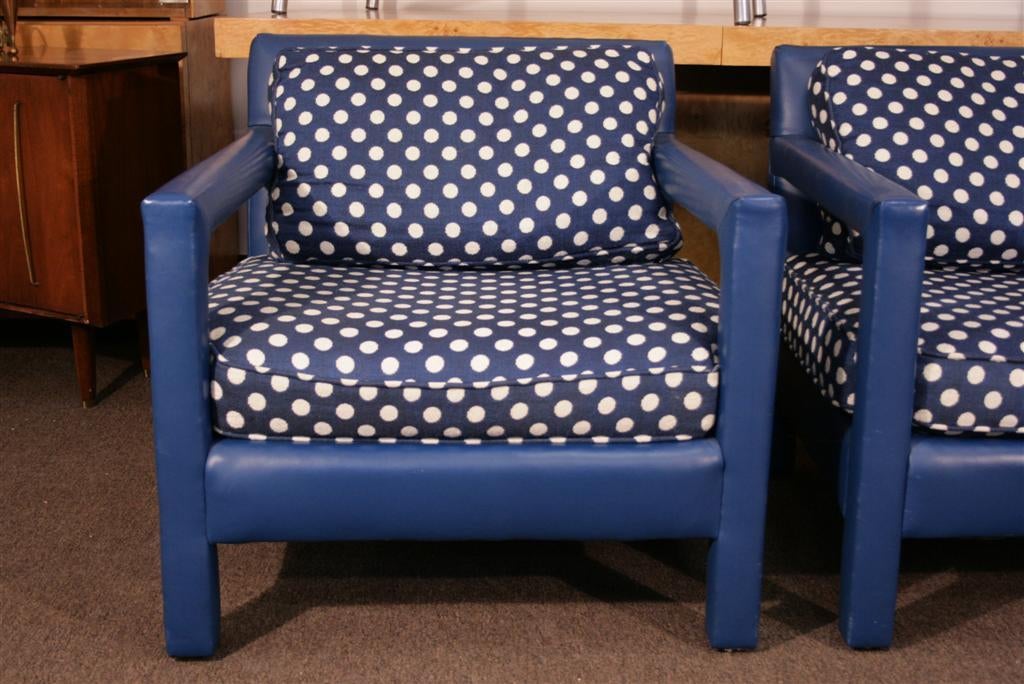 Fun 1970s Original Blue Upholstered Polka Dot Cube Club Chairs 1
